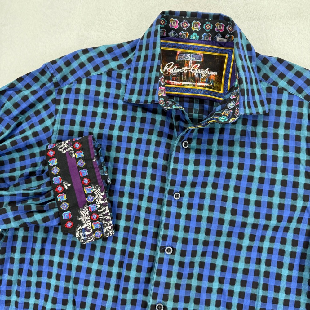 Robert Graham Mens Button Down Shirt Medium Blue Green Black Checkered